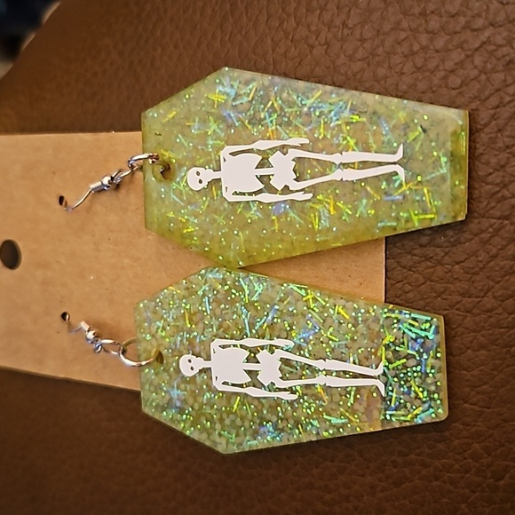 3/$20 Glow in the Dark Metallic Neon Resin Skelton Coffin Gasparilla Earrings - Picture 2 of 3